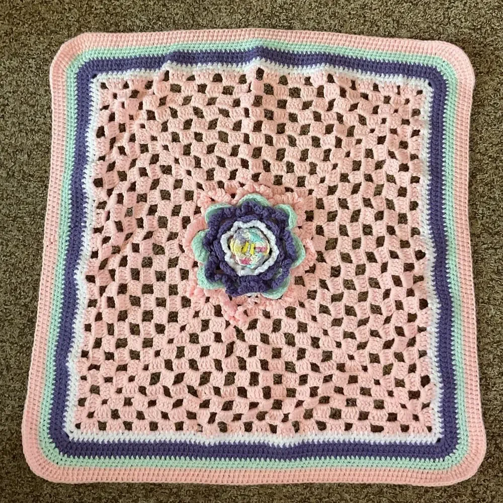 Handmade Crochet Baby Blanket Pink Pastel Flower Granny Square 29x29